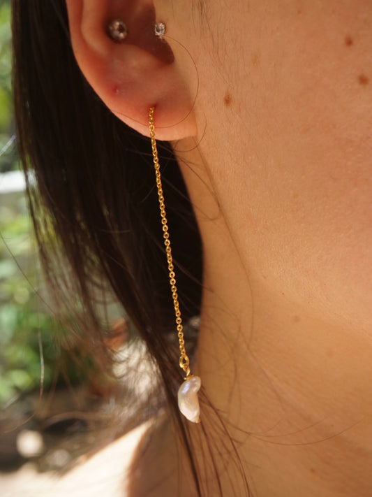 Freshwater Pearl Threader Gold Earrings - Sterling Silver in model