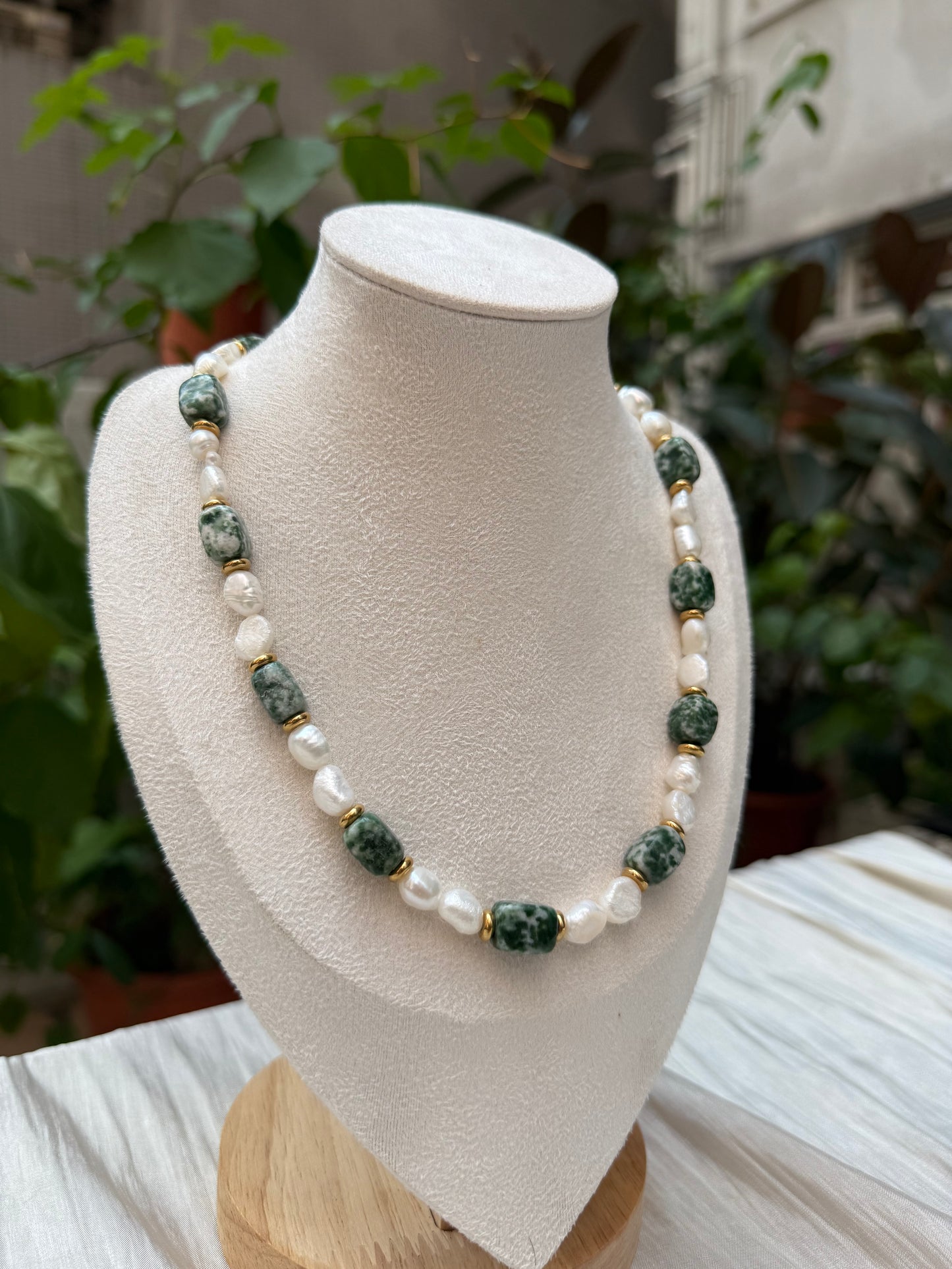 Elora Freshwater Pearl With Greenstone Necklace