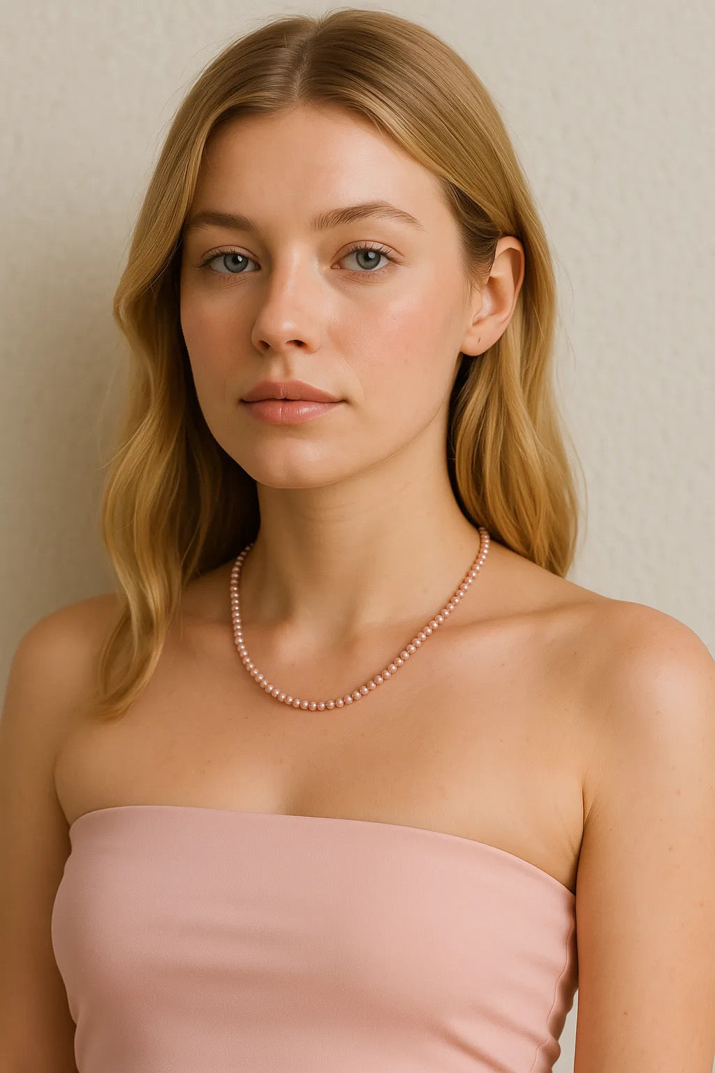 Model in 3-4mm Freshwater Pink Keshi Pearl Necklace - Sterling Silver