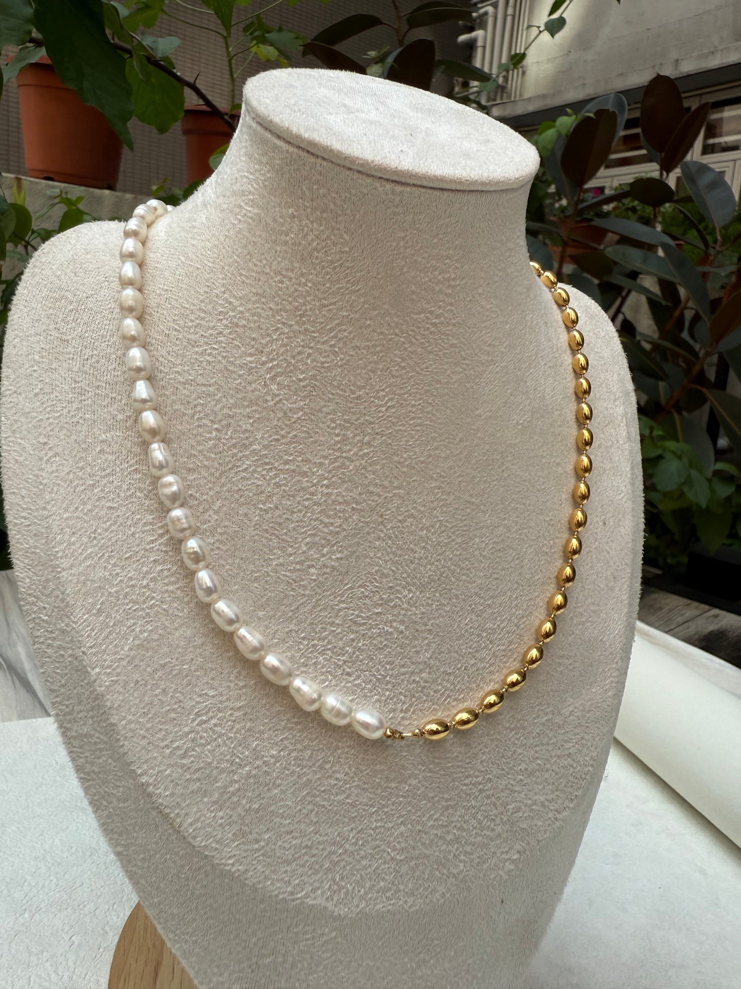 Eloise Half Freshwater Pearl Half Golden Beads - 18K Gold Plated