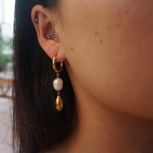 Model in Aurélie Pearl Drop Earrings - 18K Gold Plated