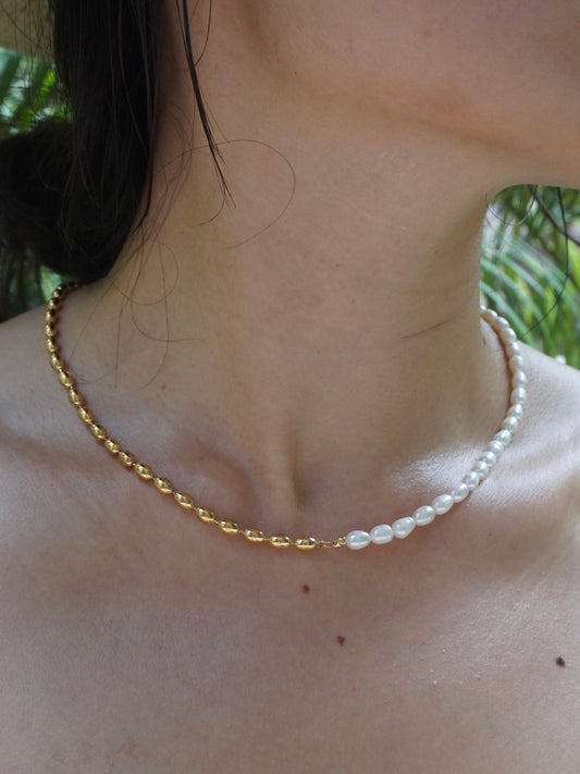 Eloise Half Freshwater Pearl Half Golden Beads - 18K Gold Plated
