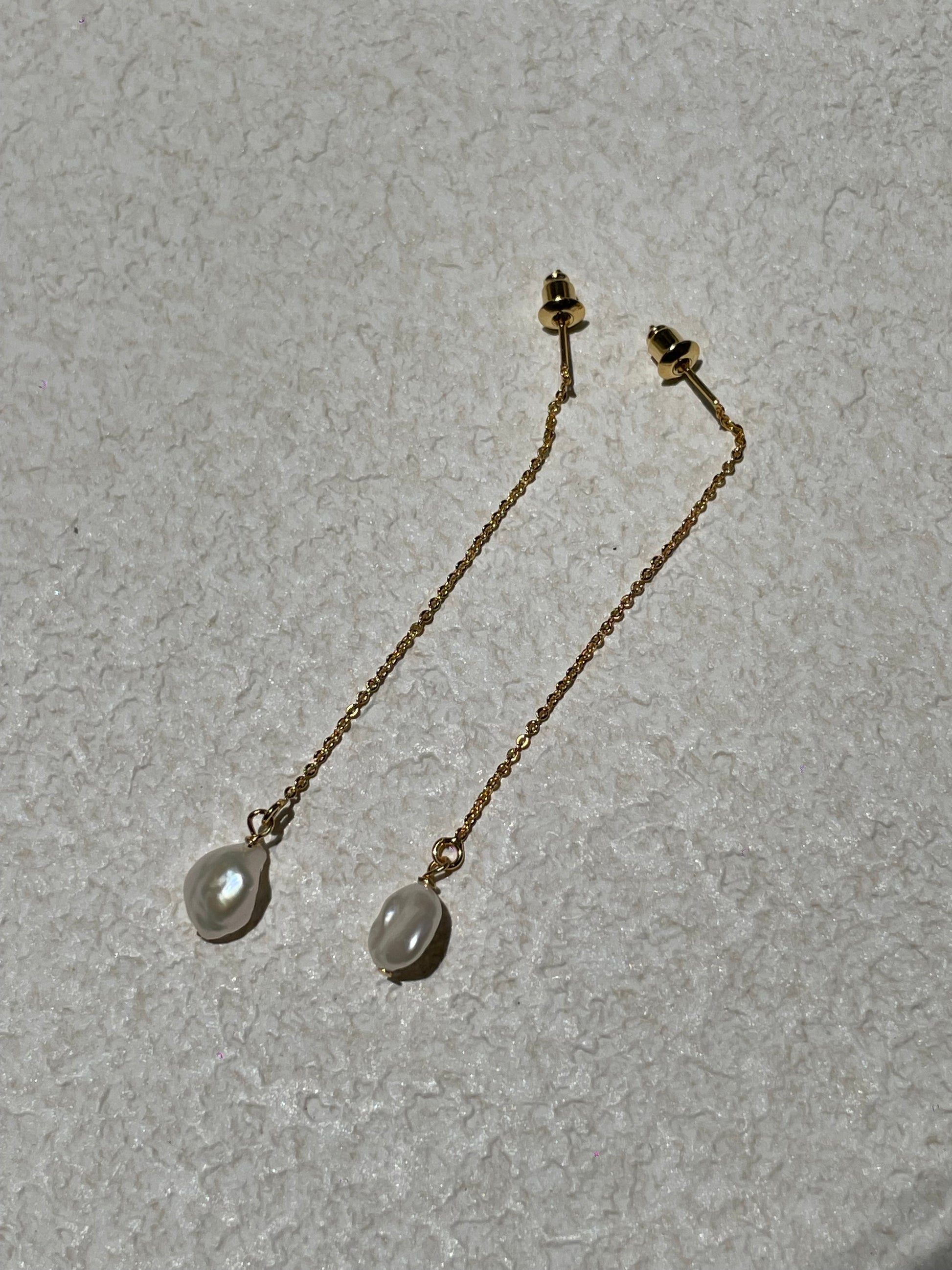 Freshwater Pearl long drop Gold Earrings - Sterling Silver