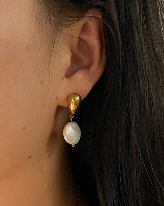 Freshwater Button Pearl Dangle Earring - 18K Gold Plated