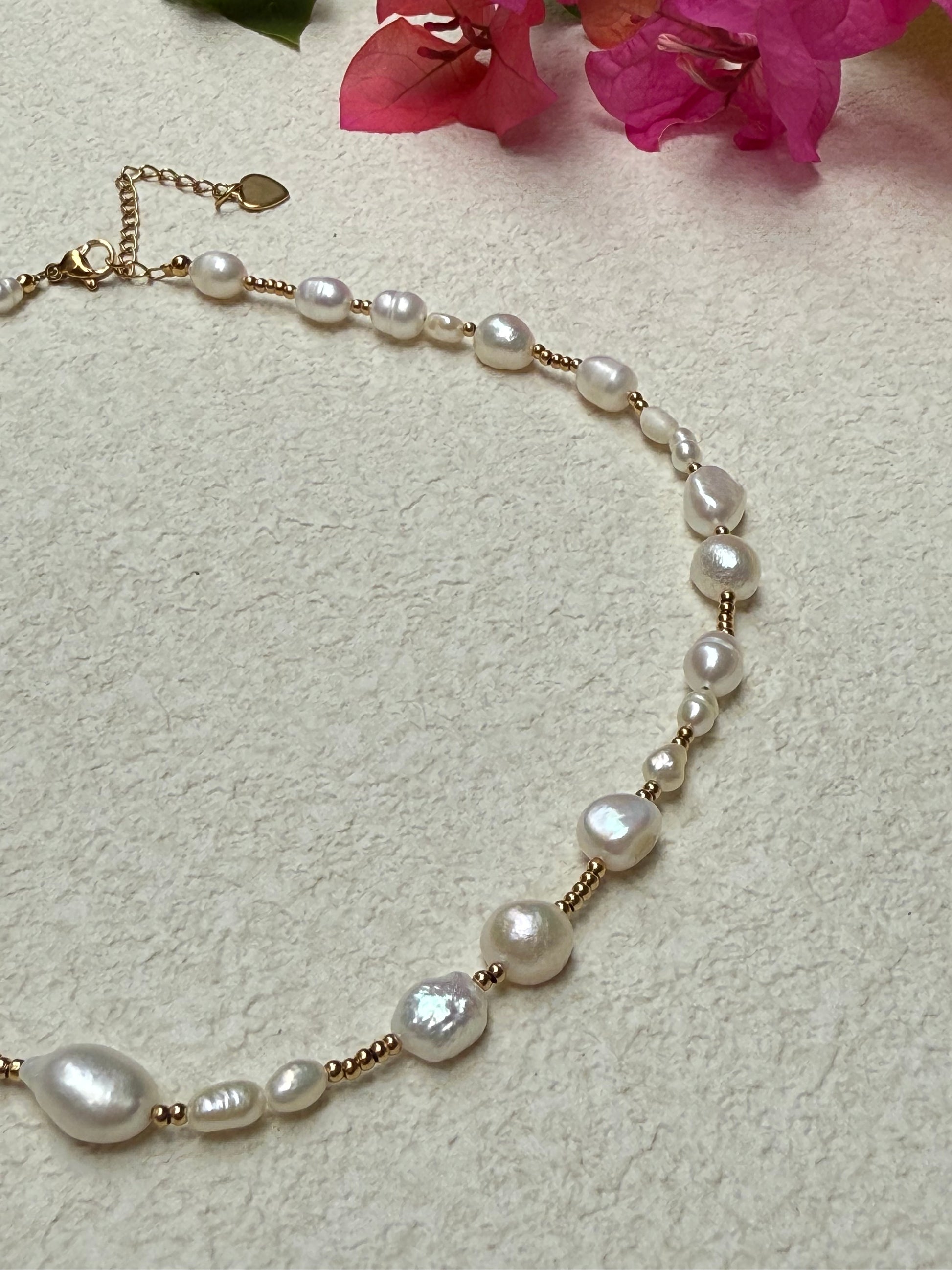 Elryn Multi-size Freshwater Pearls With Mini Golden Beads Necklace - 18K Gold Plated