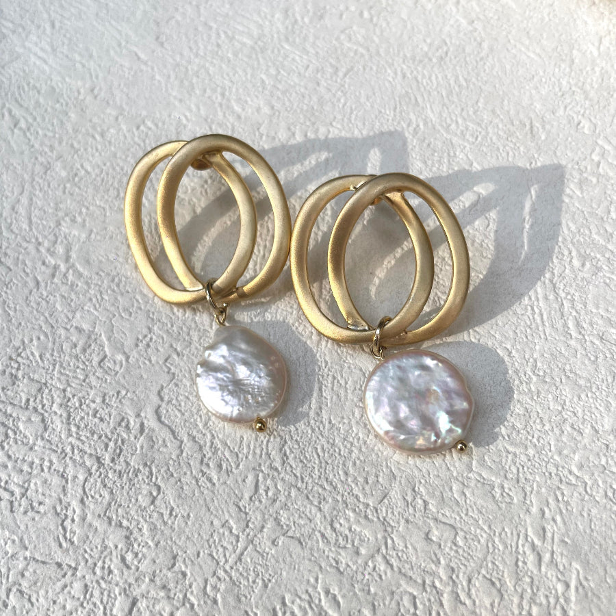Gold Drop Freshwater Button Pearl Earrings
