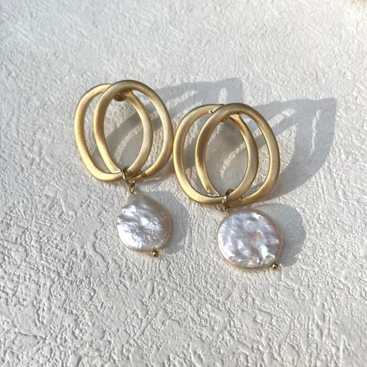 Gold Drop Freshwater Button Pearl Earrings
