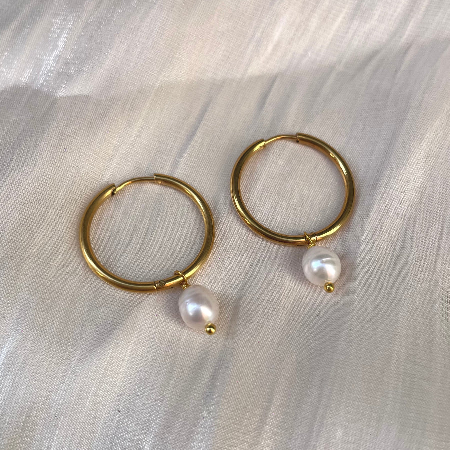 Gold Hoops Drop with freshwater pearl