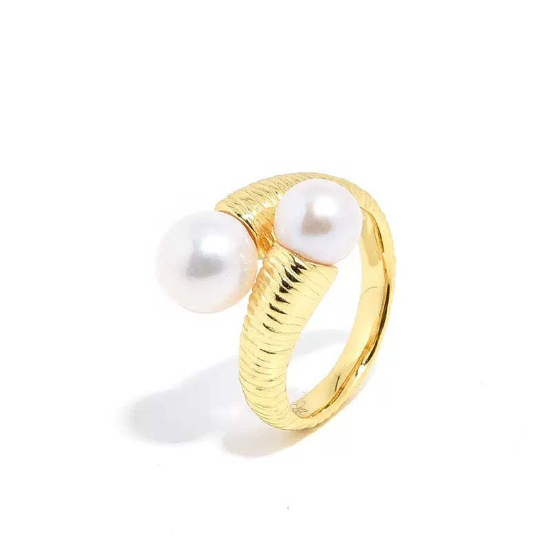 Farrah Double Freshwater Pearls Sterling Silver Ring - 18K Gold Plated