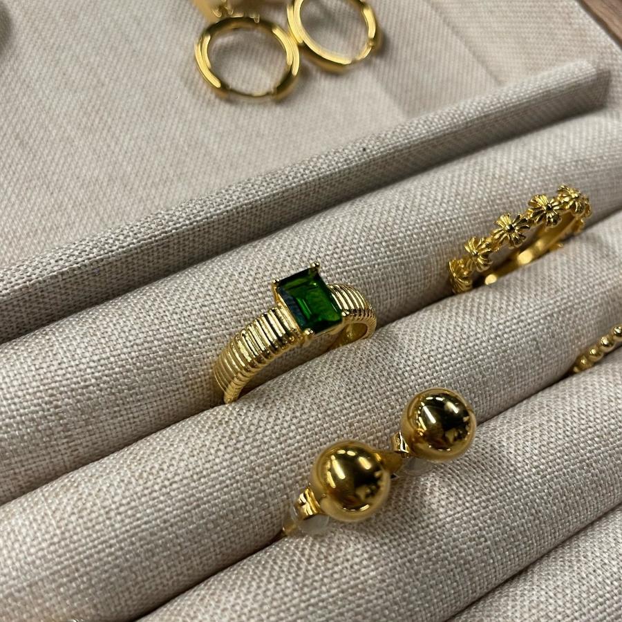 18k Gold Plated Sterling Silver Ring with Dark Green Rectangular Tourmaline