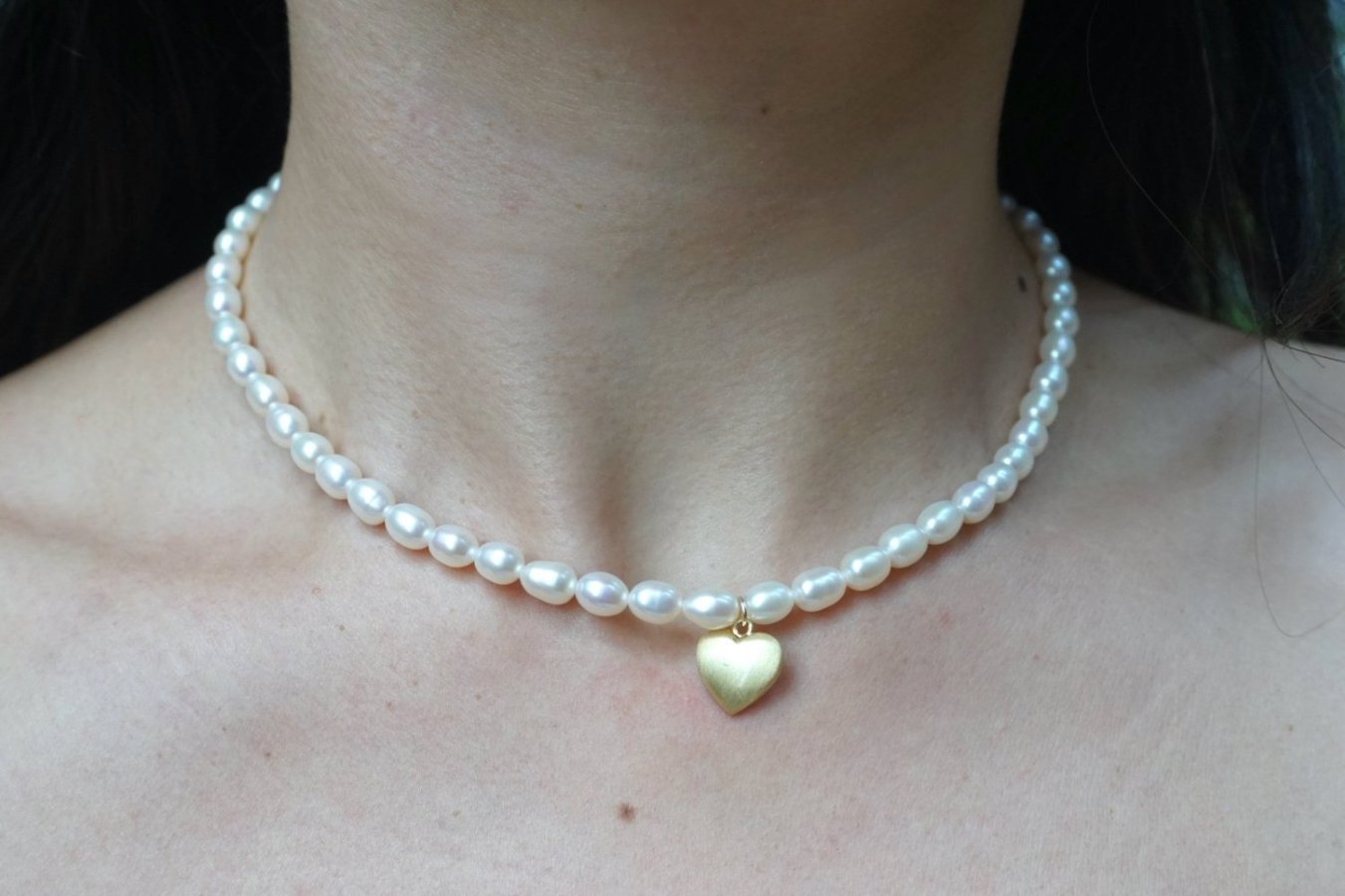 Model in Dane Heart shape Pendant with freshwater pearl choker