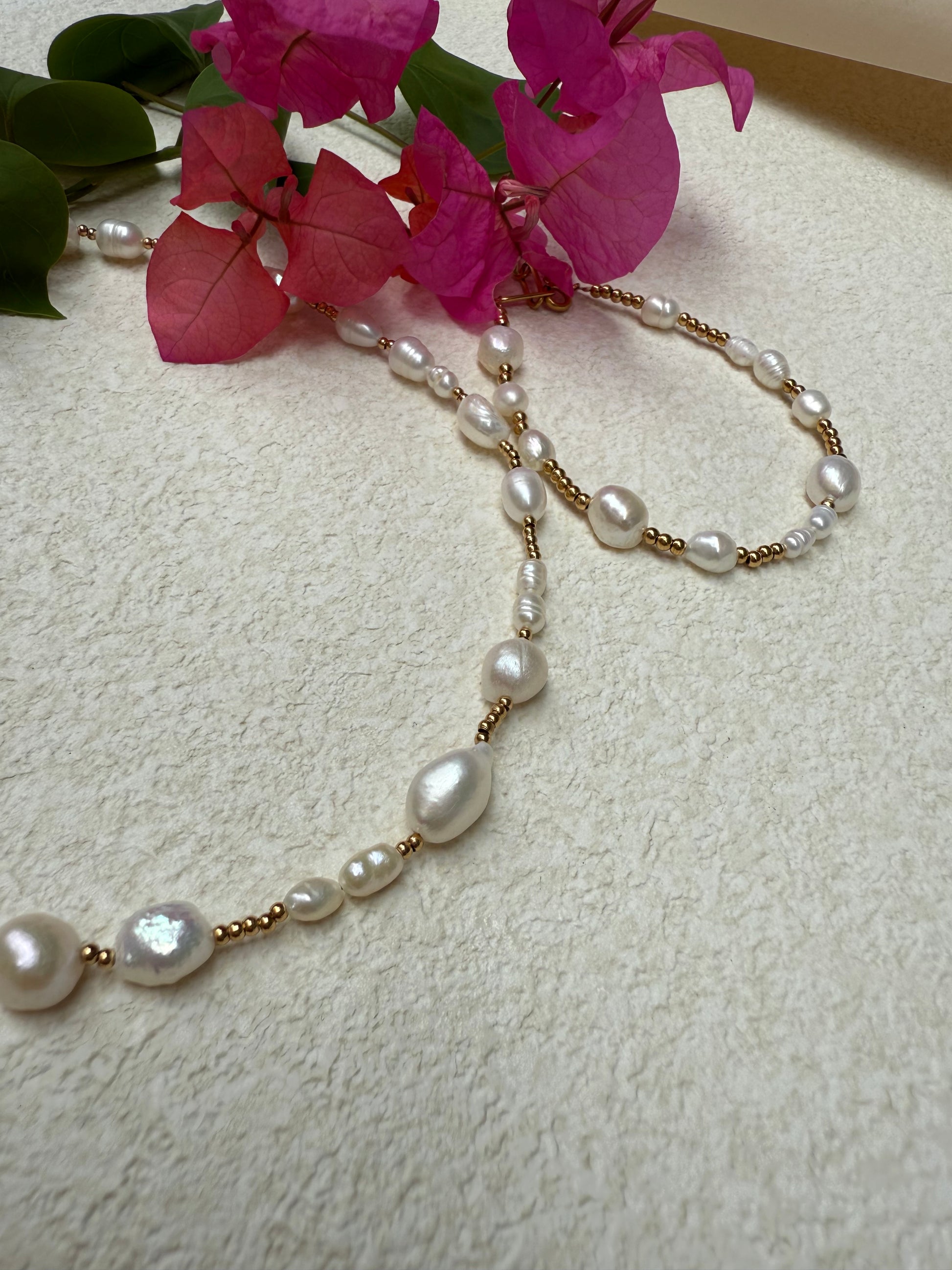 Multi-size Freshwater Pearls With Mini Golden Beads Bracelet and Necklace