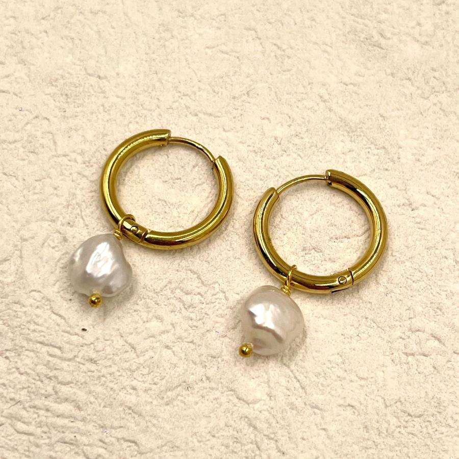 Simple Gold Hoops with drop baroque pearl