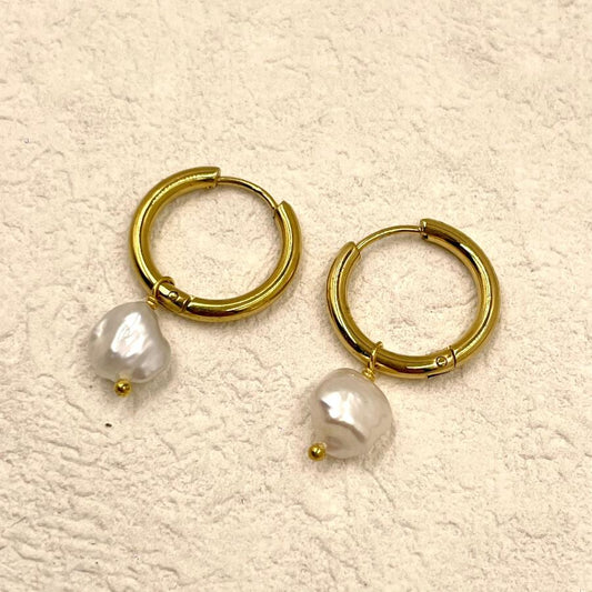 Simple Gold Hoops with drop baroque pearl