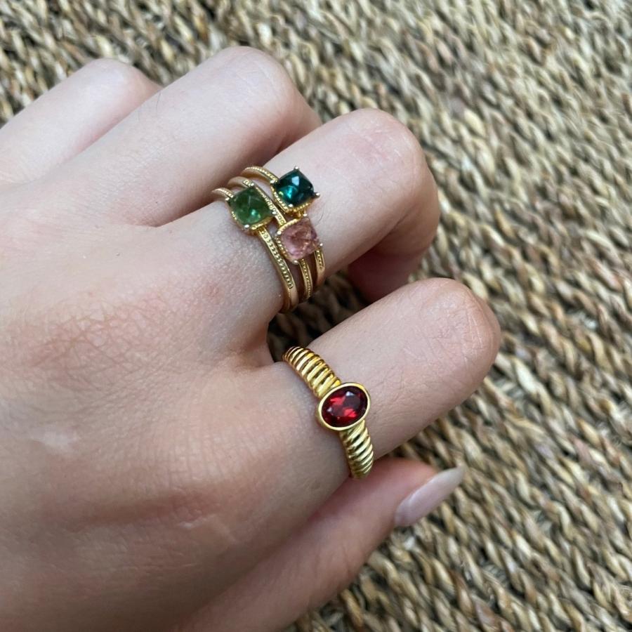 Green Stone, Pink Stone and Red Stone Sterling Silver Ring, adjustable size