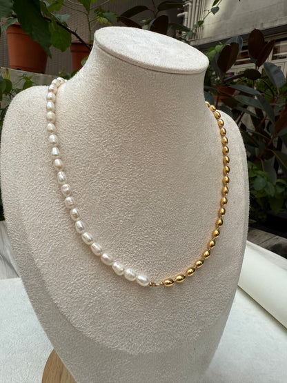 Eloise Half Freshwater Pearl Half Golden Beads - 18K Gold Plated