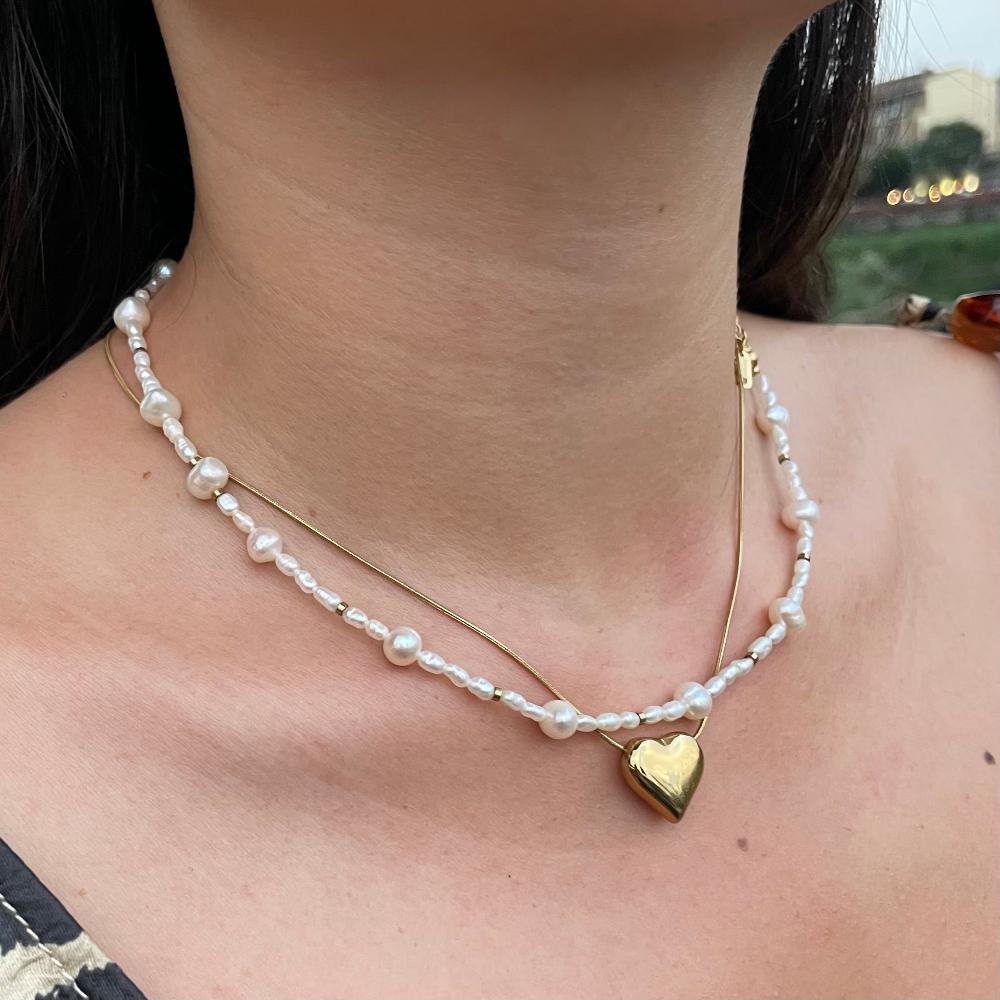 Female model in freshwater pearl choker and heart shape necklace