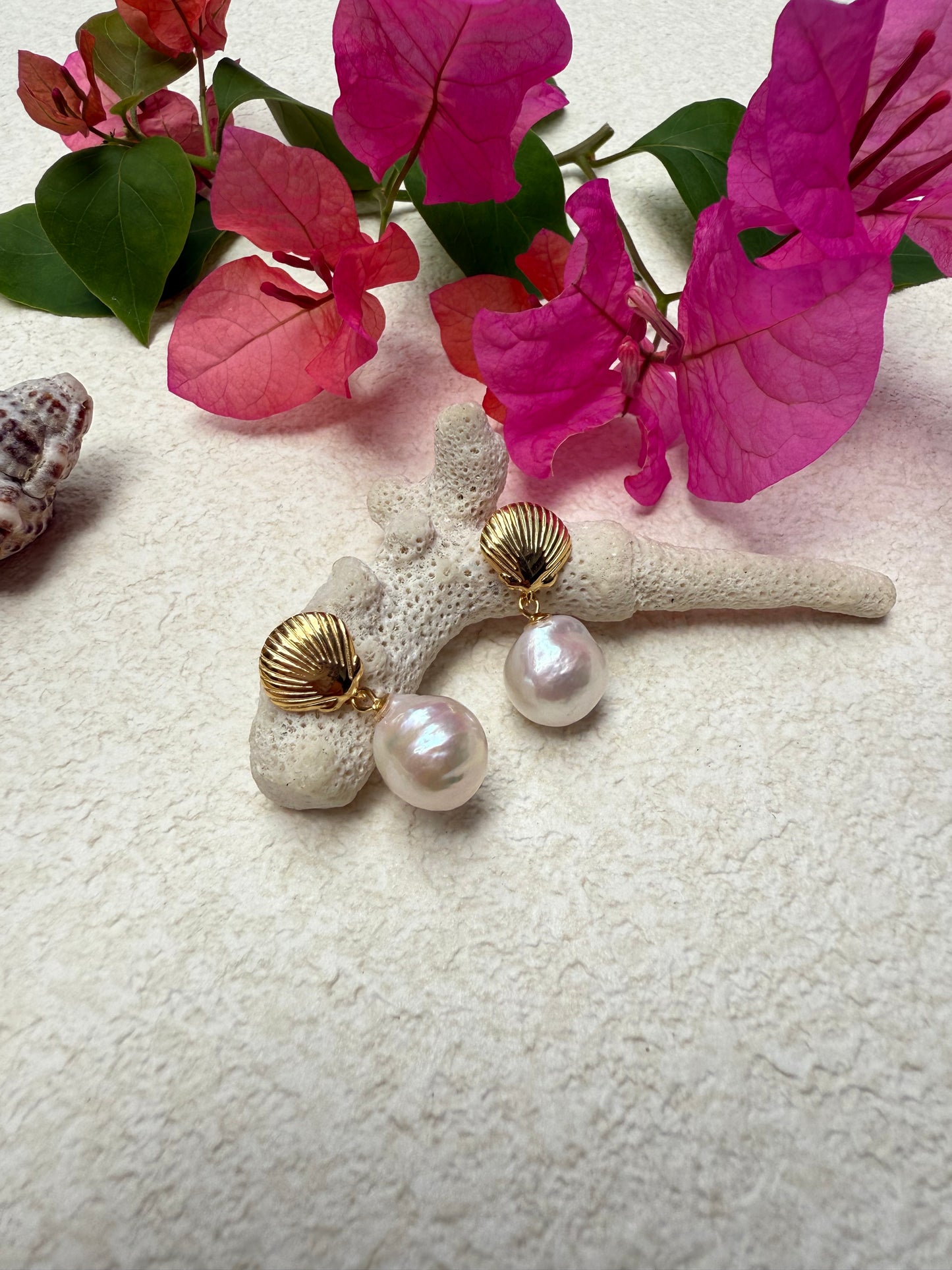 Gold shell dangle with large freshwater pearl