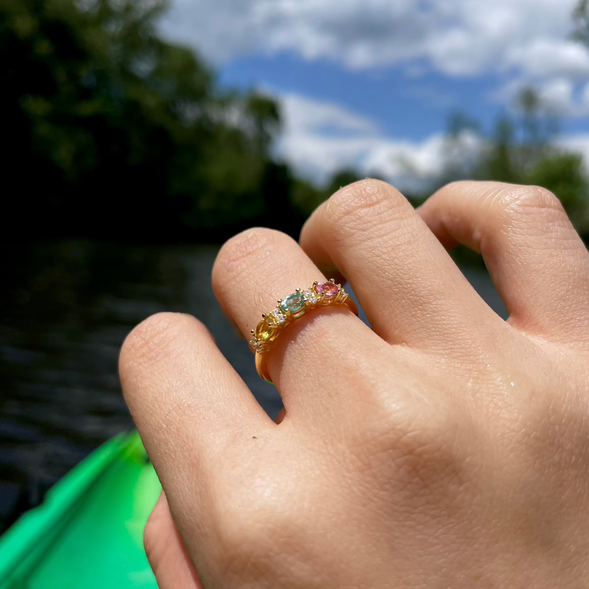 Tourmaline gemstone sterling silver Ring with 3 color stones